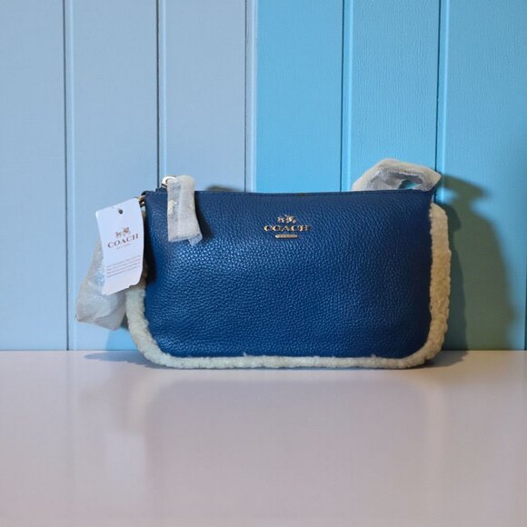 Coach Nolita 19 Shearling Pebble Leather Wristlet Bag Slate Blue Chain Strap NWT - Picture 2 of 16